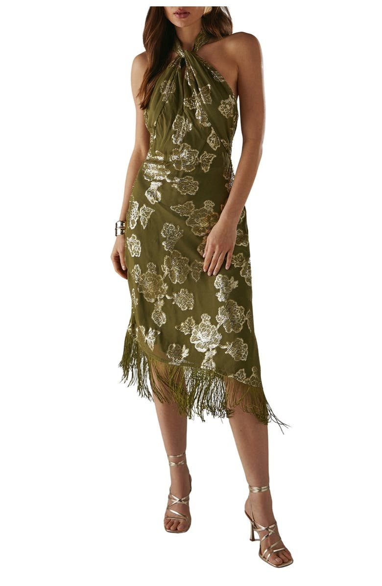 Warehouse Metallic Chiffon Wrap Front Midi Dress, Alternate, color, Olive