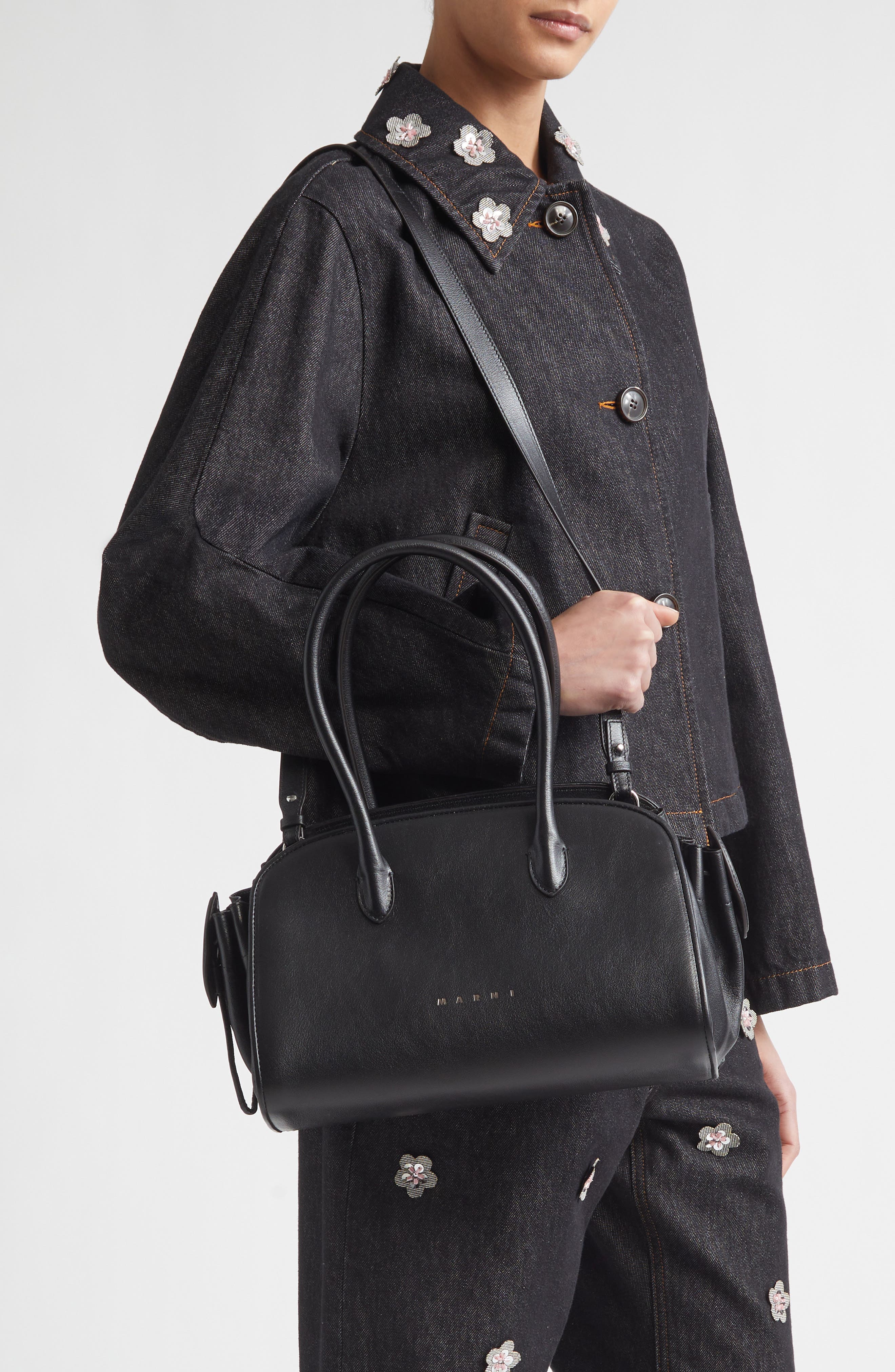 Marni Small Tulipea Top Handle Bag, Alternate, color, Black