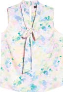 Tahari ASL Abstract Floral Tie Neck Sleeveless Satin Top