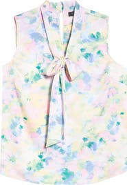 Tahari ASL Abstract Floral Tie Neck Sleeveless Satin Top