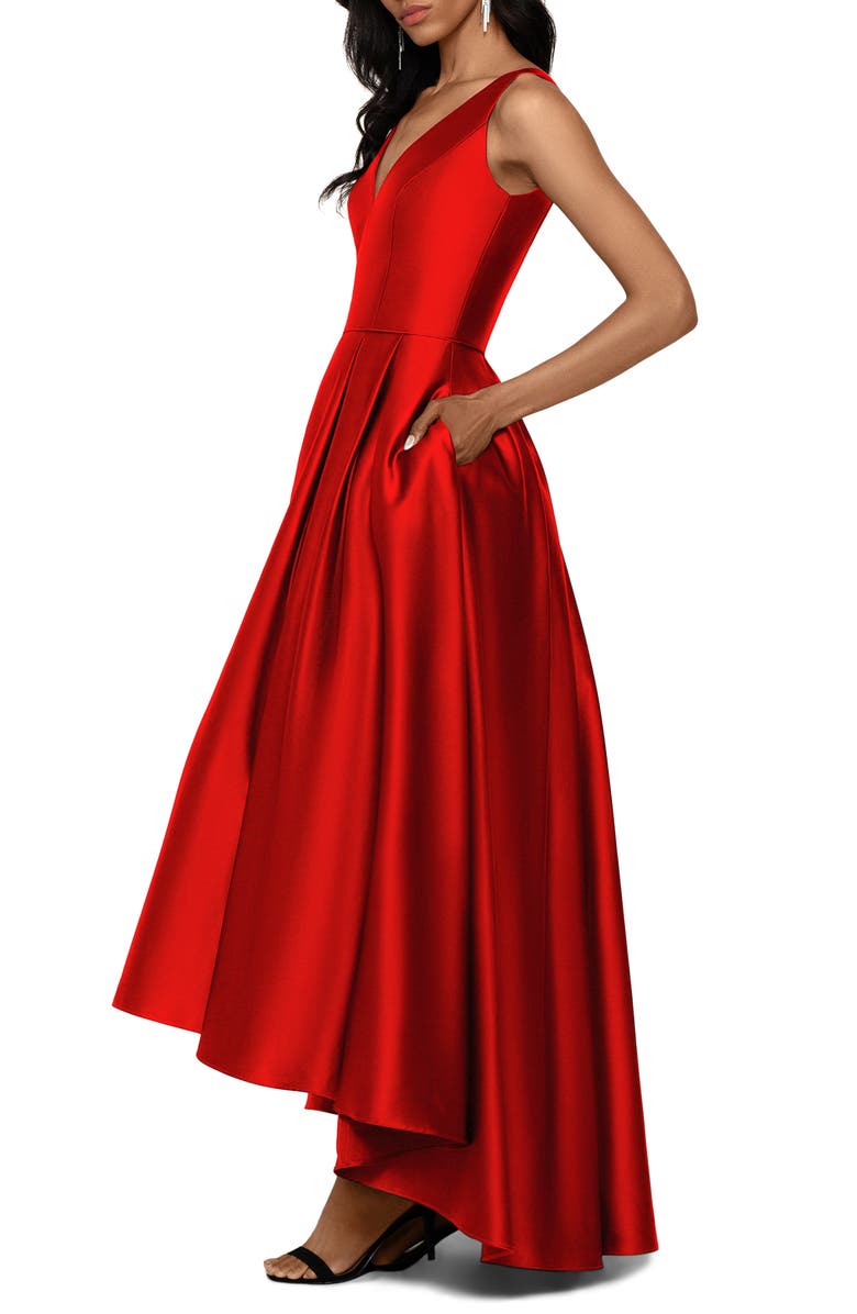 Betsy & Adam V-Neck High/Low Satin Ballgown, Alternate, color, 