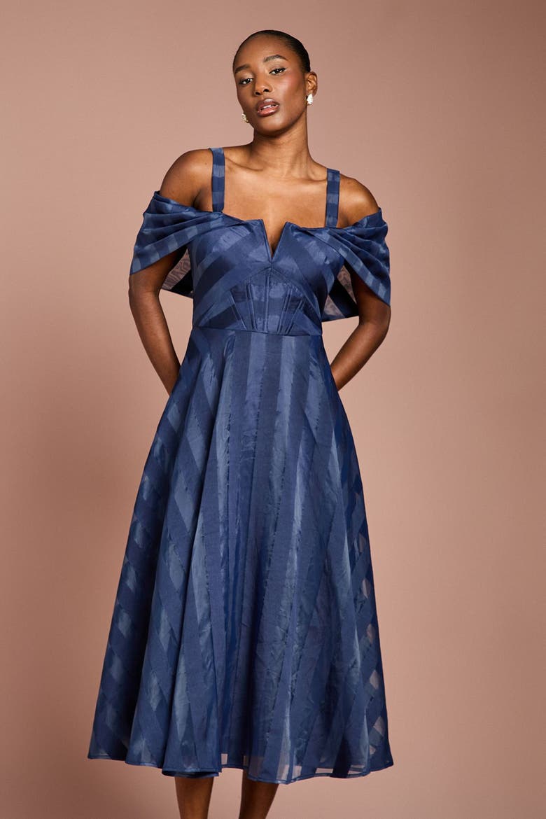 Organza Bardot Midi Dress, Alternate, color, Navy