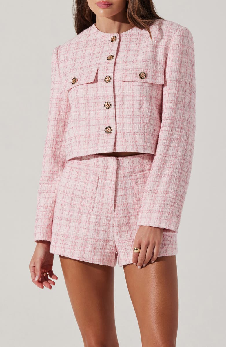 ASTR the Label Faux Pearl Trim High Waist Tweed Shorts, Alternate, color, Pink