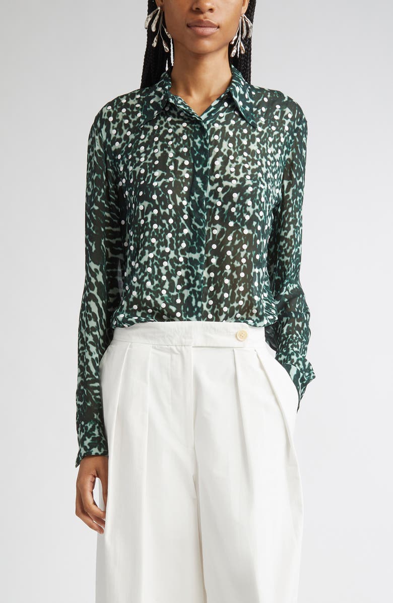 Dries Van Noten Chowy Mixed Print Button-Up Shirt, Main, color, Petrol