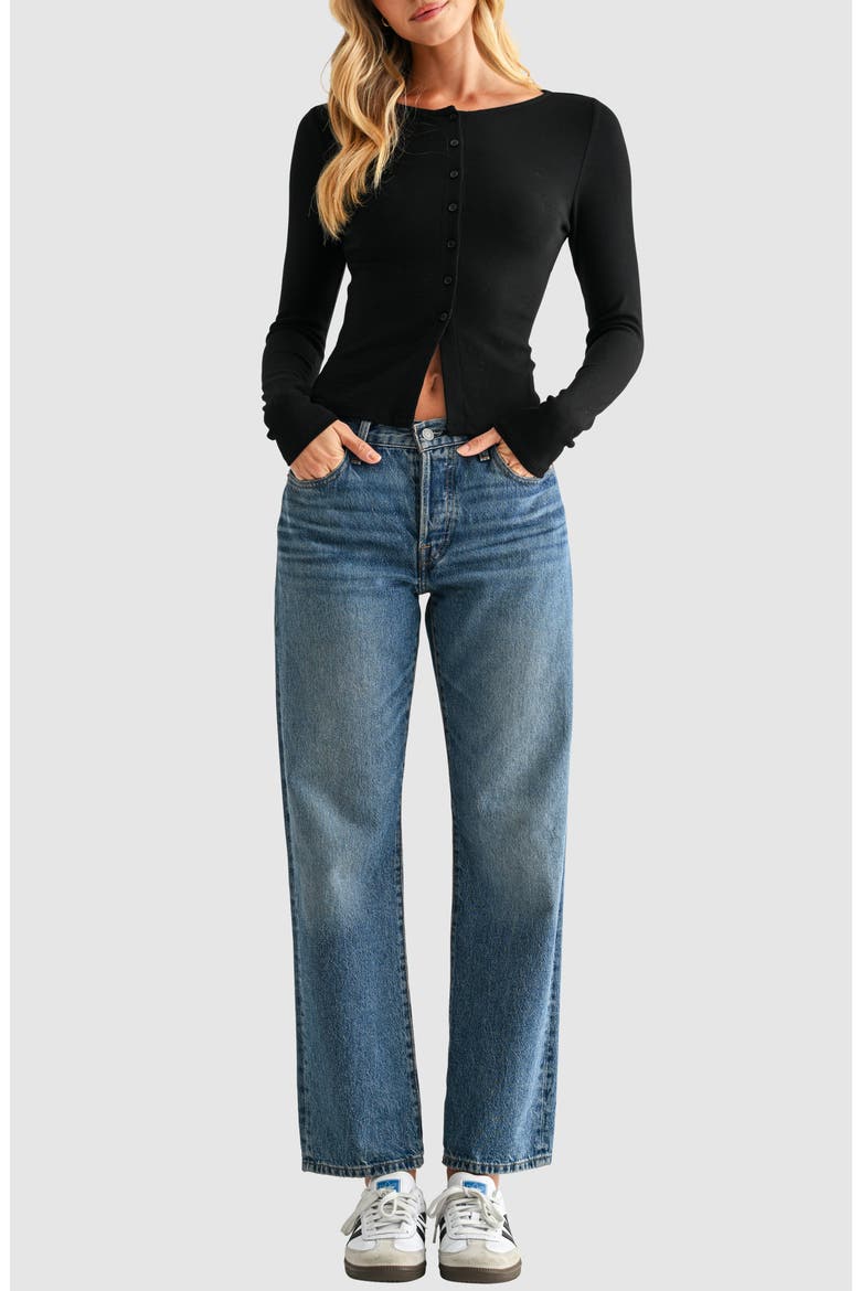 Long Sleeve Button Front Crop Top, Alternate, color, BLACK