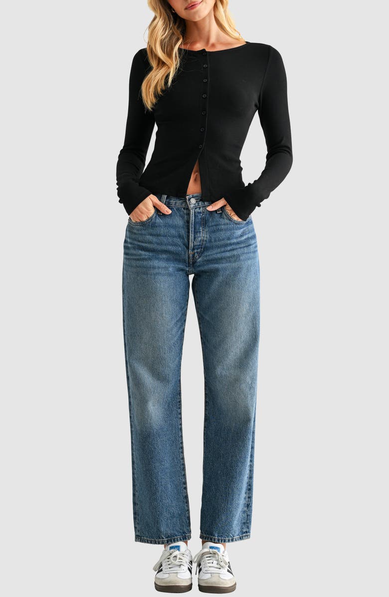 Lush Long Sleeve Button Front Crop Top, Alternate, color, Black