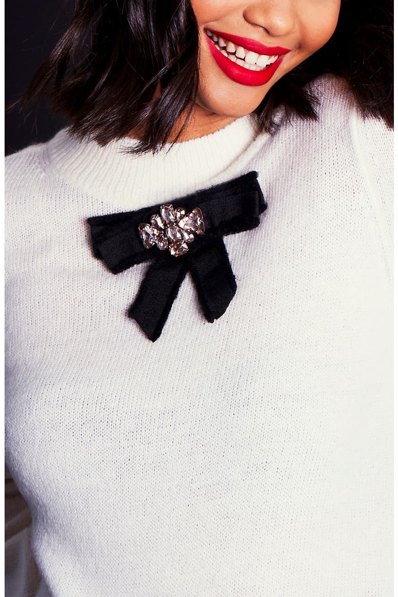 Jeweled Bow Detail Sweater, Alternate, color, ANTIQ WHITE