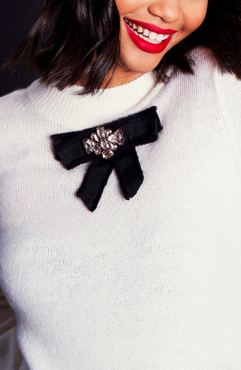 CeCe Jeweled Bow Detail Sweater, Alternate, color, Antiq White
