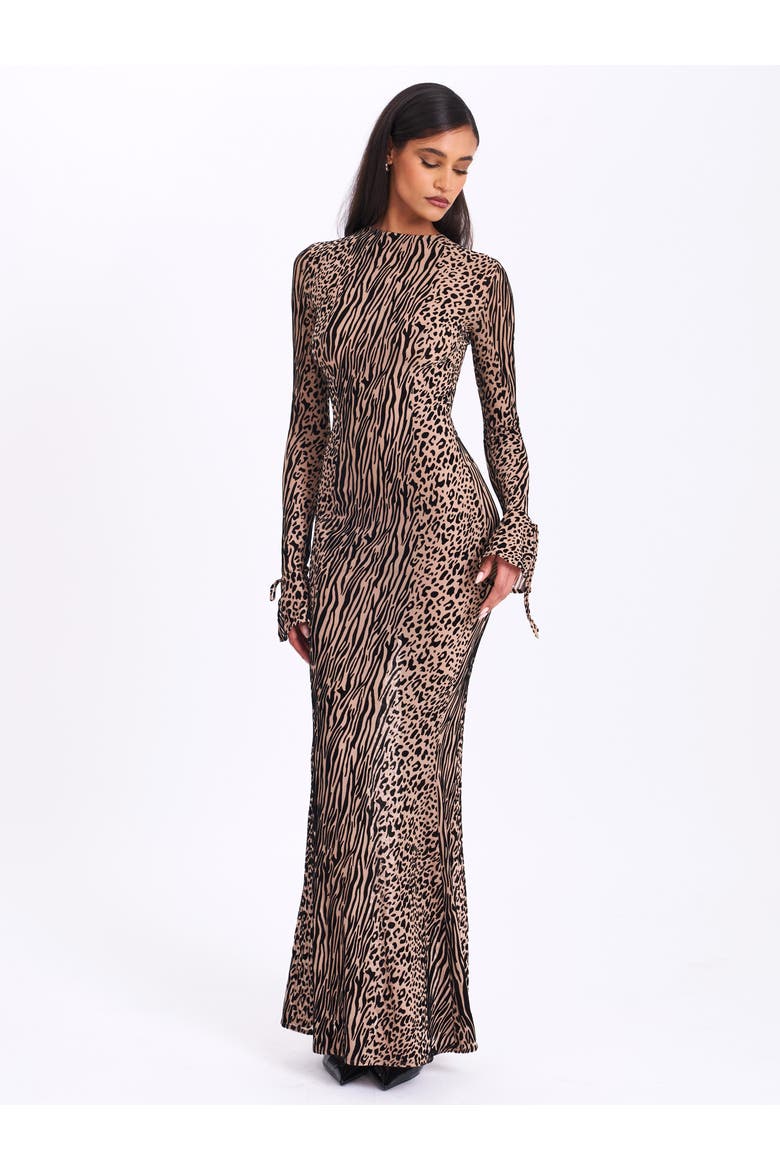 Waylynn Backless Burnout Velvet Maxi Dress, Alternate, color, Nude Black Animal Print