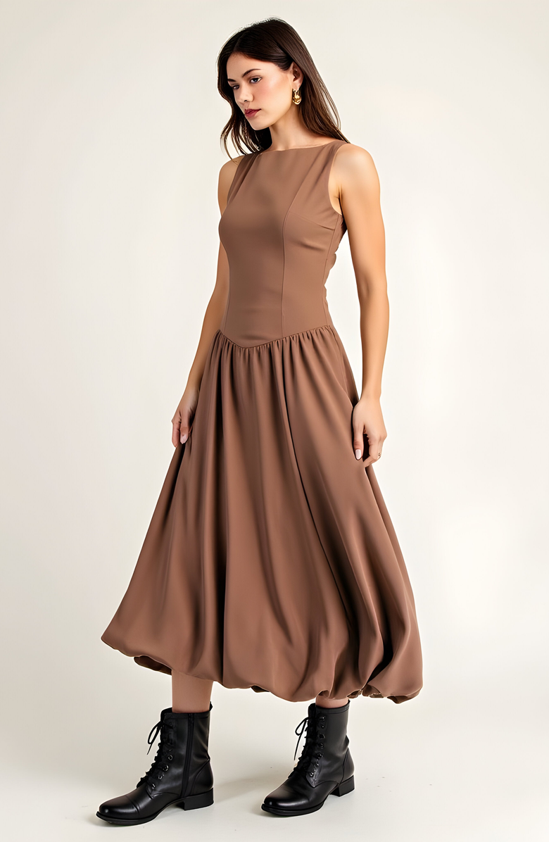 Modenaire Sleeveless Fit and Flare Midi Bubble Hem Dress with Gathered Skirt Detail, Alternate, color, 