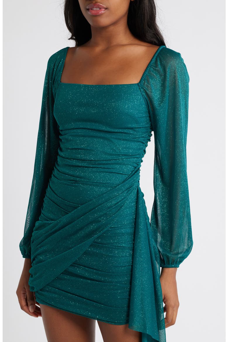 Metallic Drape Front Long Sleeve Minidress, Alternate, color, HUNTER