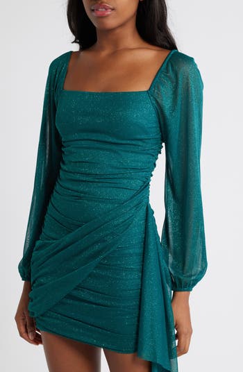 Metallic Drape Front Long Sleeve Minidress
