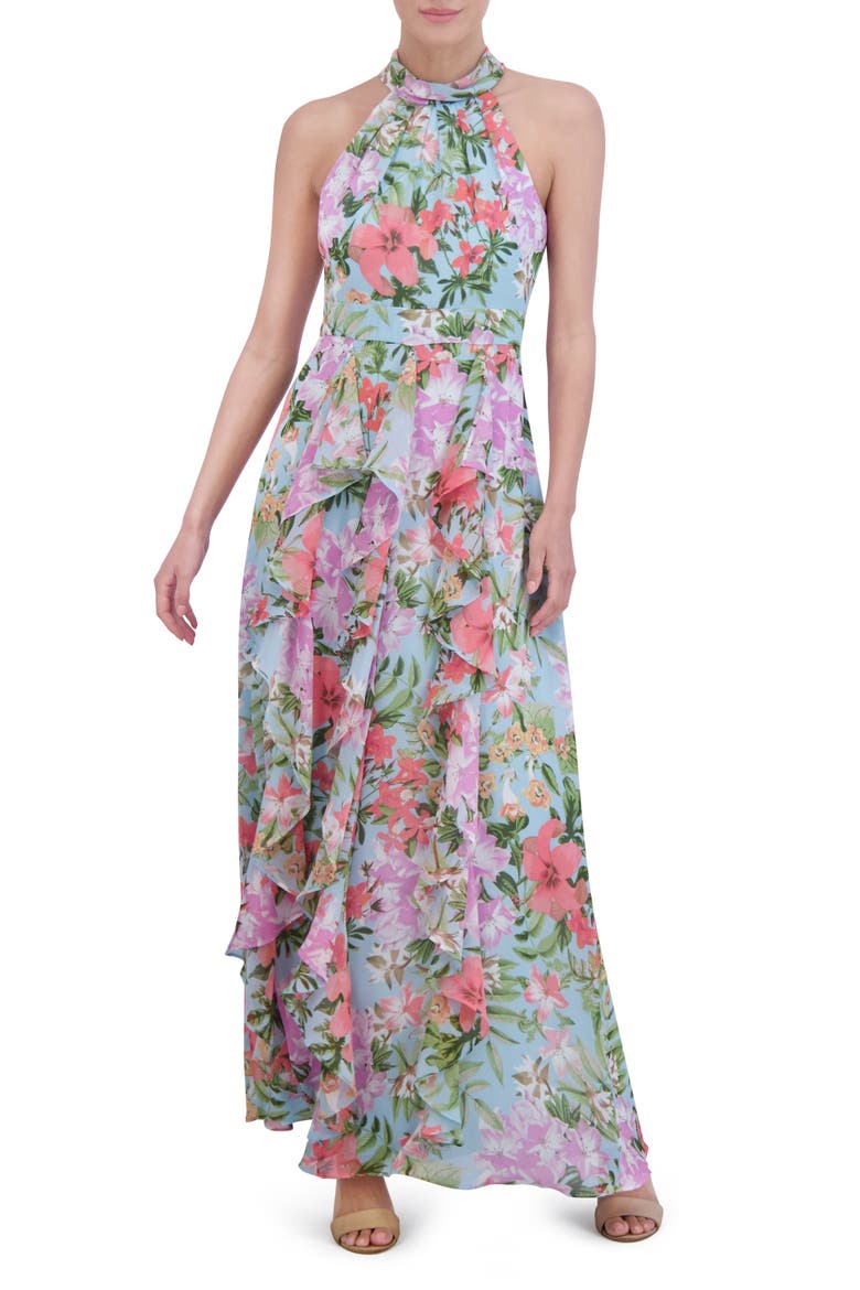 Floral Ruffle Detail Maxi Dress, Main, color, LIGHT BLUE