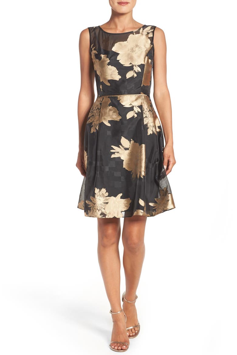 Burnout Floral Fit & Flare Dress, Alternate, color, BLACK/ GOLD