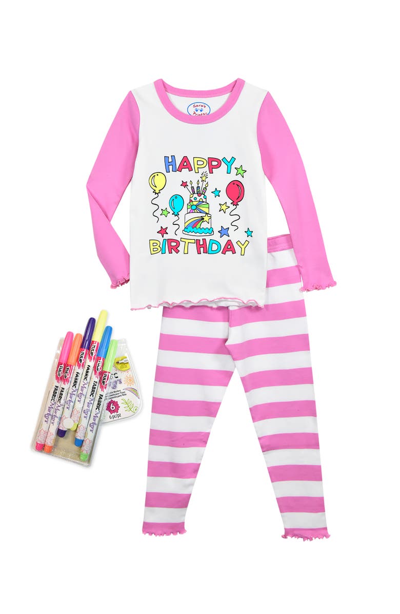 Sara’s Prints Color Me PJ Fitted Pajamas with Fabric Marker Set Cotton Blend, Alternate, color, Birthday Cake