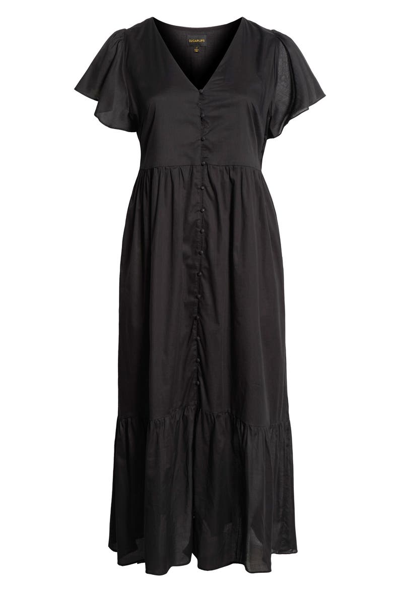 Brigid Flutter Sleeve Midi Dress, Alternate, color, BLACK