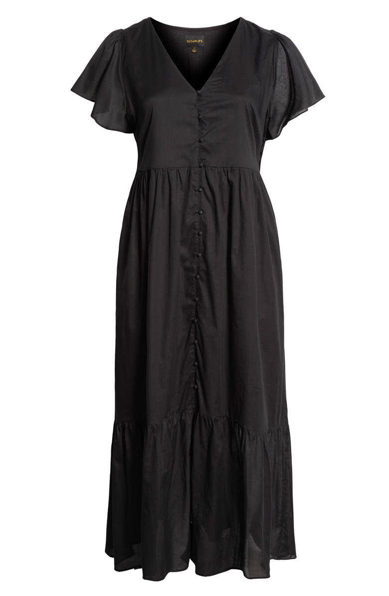 SUGARLIPS Brigid Flutter Sleeve Midi Dress, Alternate, color, Black