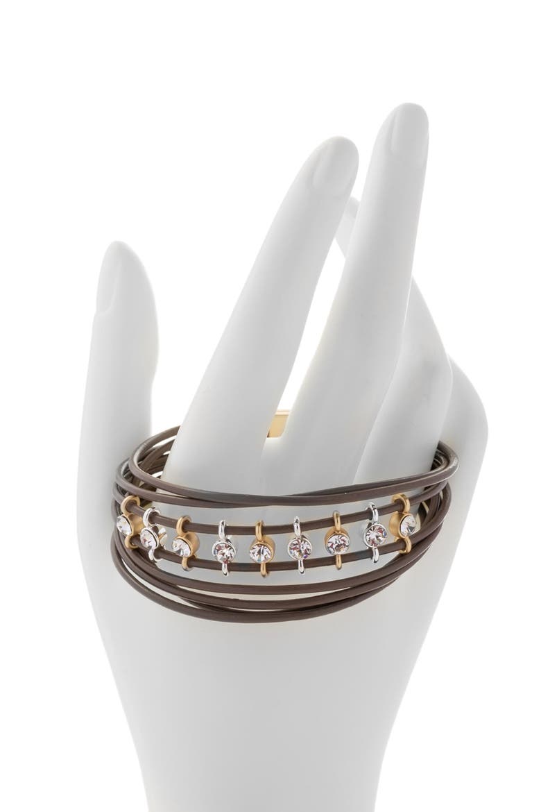Crystal Embellished Leather Bracelet, Alternate, color, BROWN