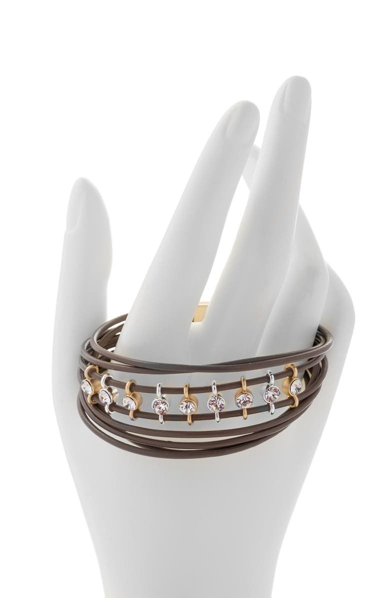 SAACHI Crystal Embellished Leather Bracelet, Alternate, color, Brown