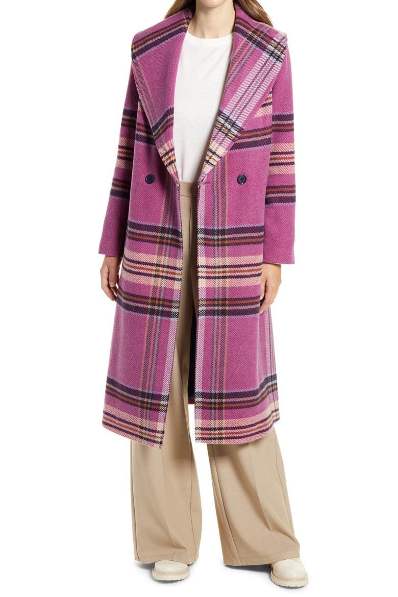 Plaid Shawl Collar Double Breasted Coat, Main, color, FUSCHIA PLAID