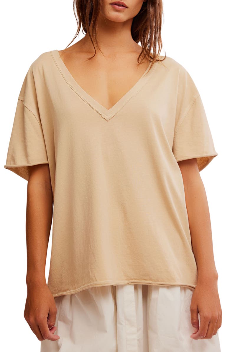 Free People Nina V-Neck Cotton T-Shirt, Main, color, Oat Latte