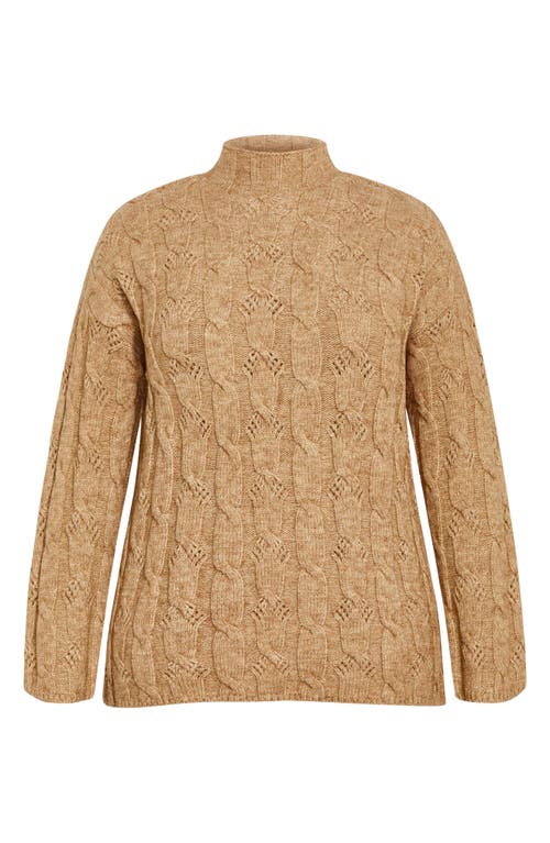 City Chic Iris Mock Neck Cable Knit Sweater In Brown