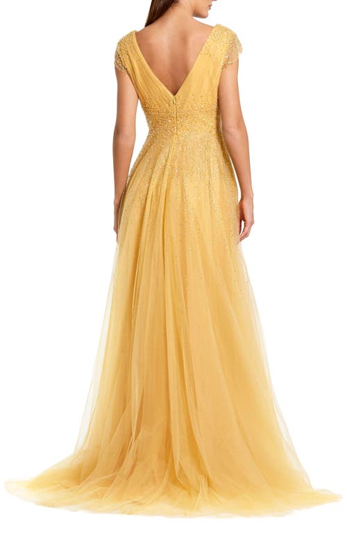 Mac Duggal Embellished Tulle Cap Sleeve V Neck Gown In Gold