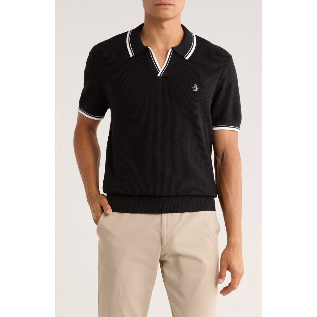 Original Penguin Textured Johnny Collar Cotton Polo In Black