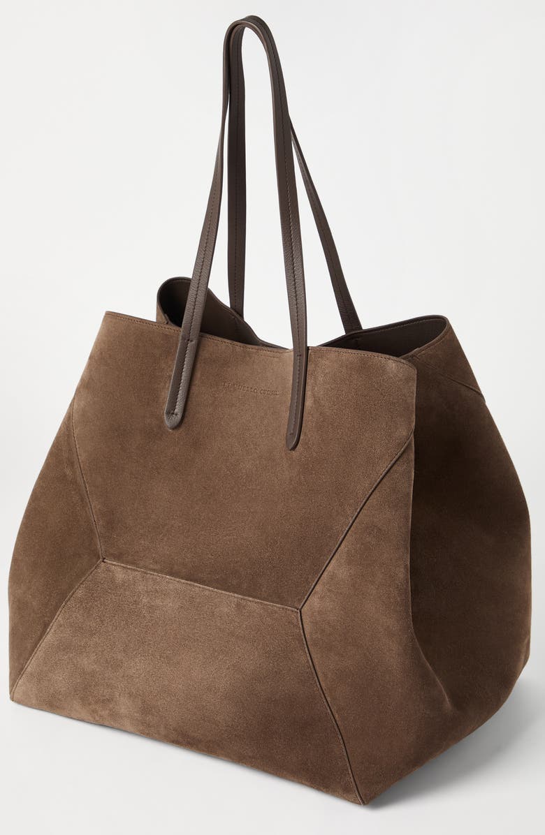 Brunello Cucinelli Suede large BC Duo bag, Alternate, color, Bark