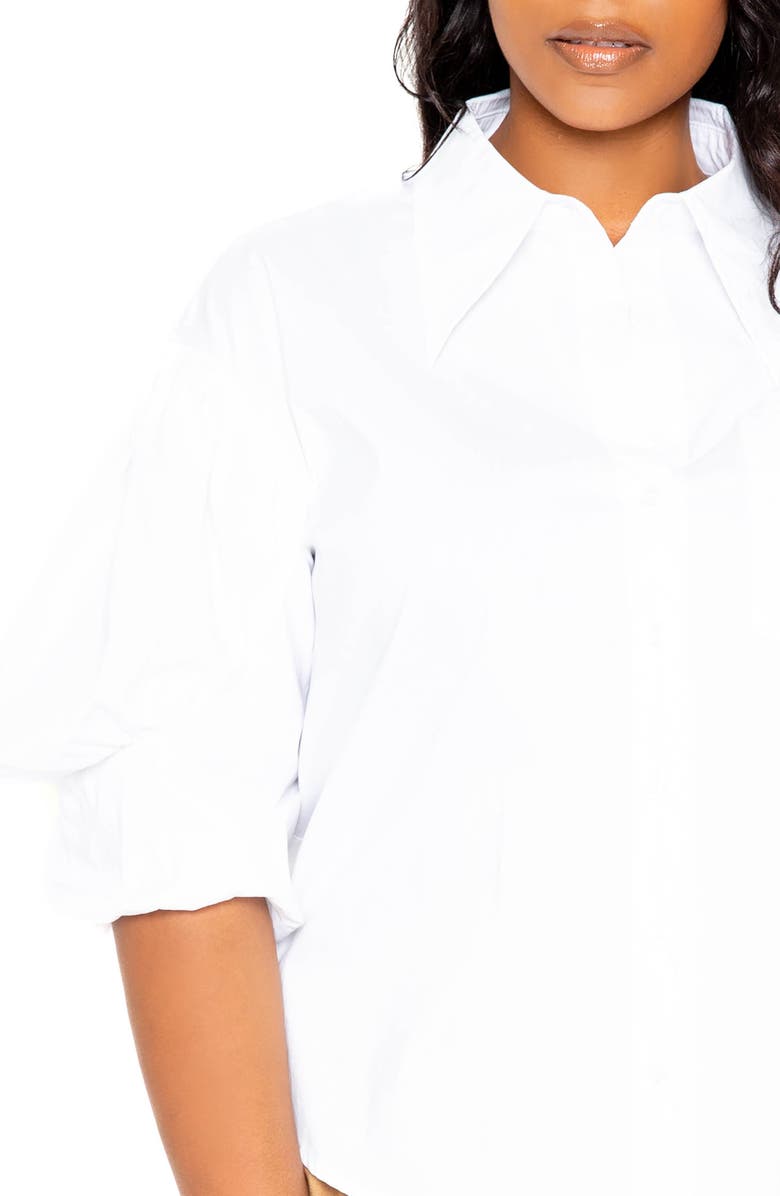 BUXOM COUTURE Puff Sleeve Cotton Blend Button-Up Shirt, Alternate, color, White