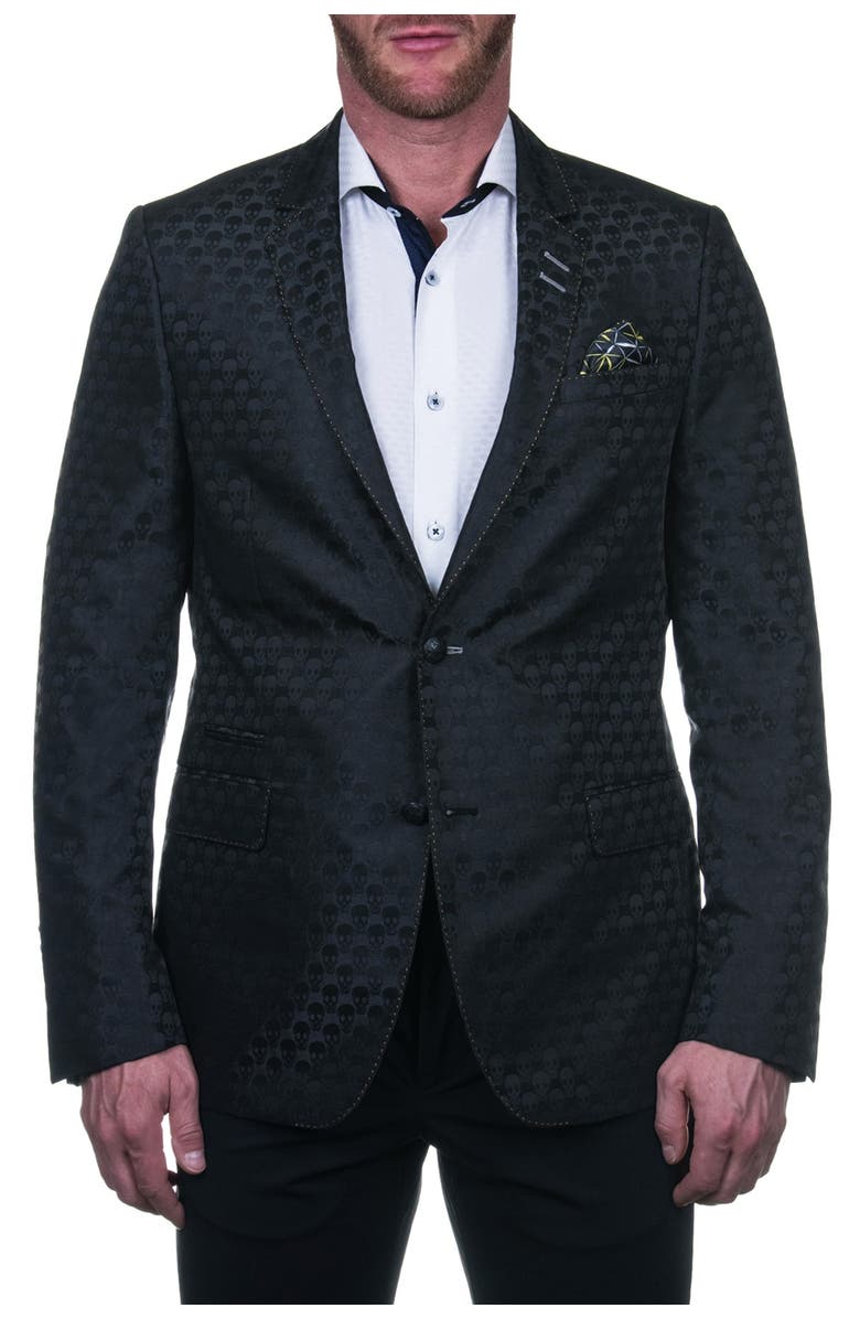 Maceoo Socrate Black Skull Print Two Button Notch Lapel Blazer, Main, color, Black