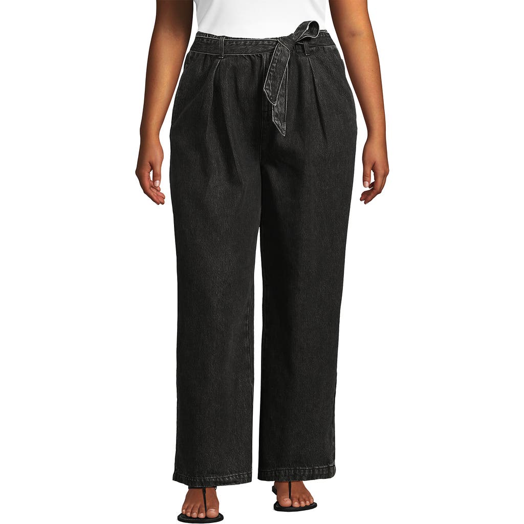 Lands' End High Ridge Twill Pull On Pleated Wide Leg Pants In Black Stone Wash