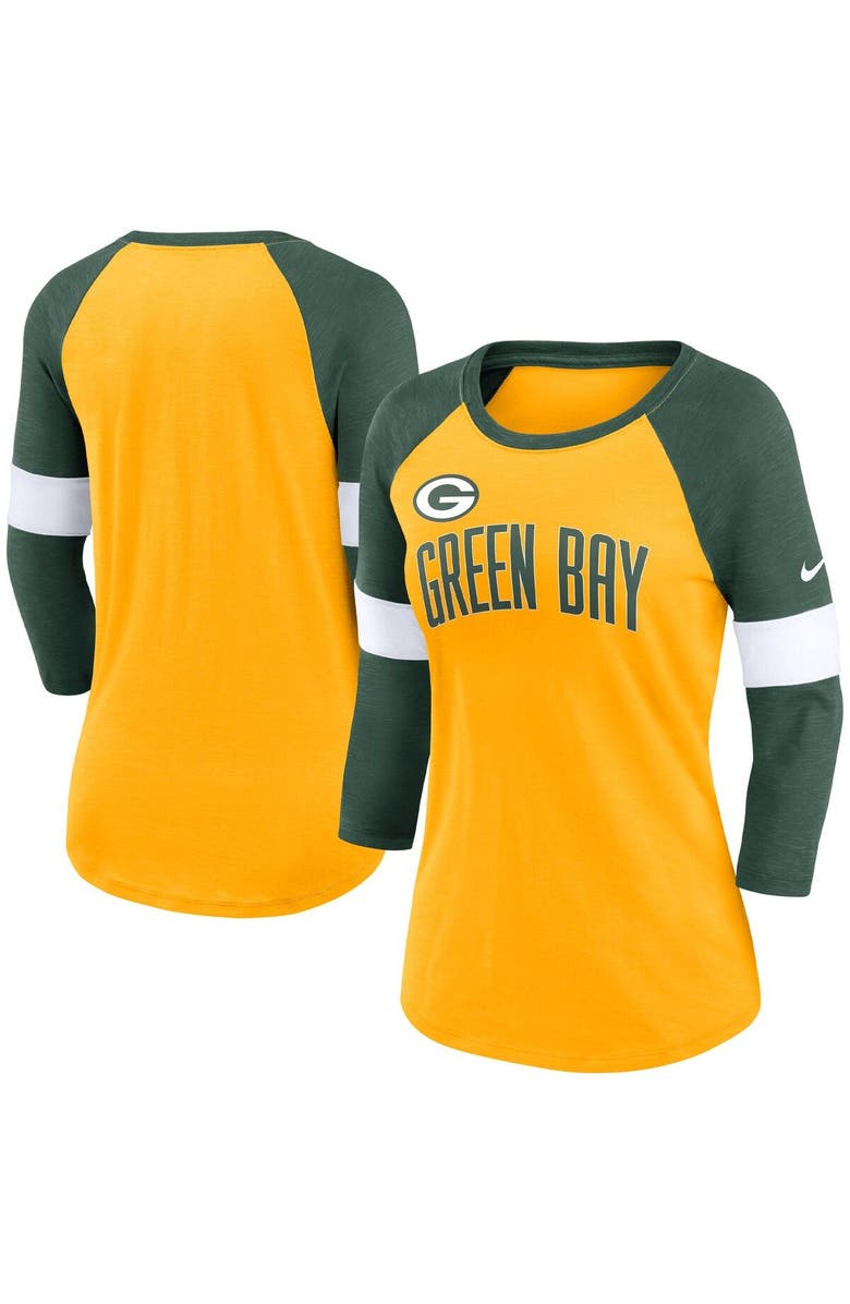 Nike Women's Nike Green Bay Packers Heather Gold/Heather Green Football Pride Raglan 3/4-Sleeve T-Shirt, Main, color,