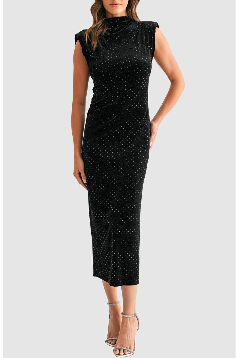 Rhinestone Padded Shoulder Velvet Cocktail Dress, Alternate, color, BLACK