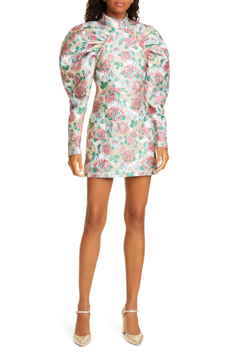 Kim Floral Jacquard Long Puff Sleeve Minidress, Main, color, MORNING GLORY COMB. 151920