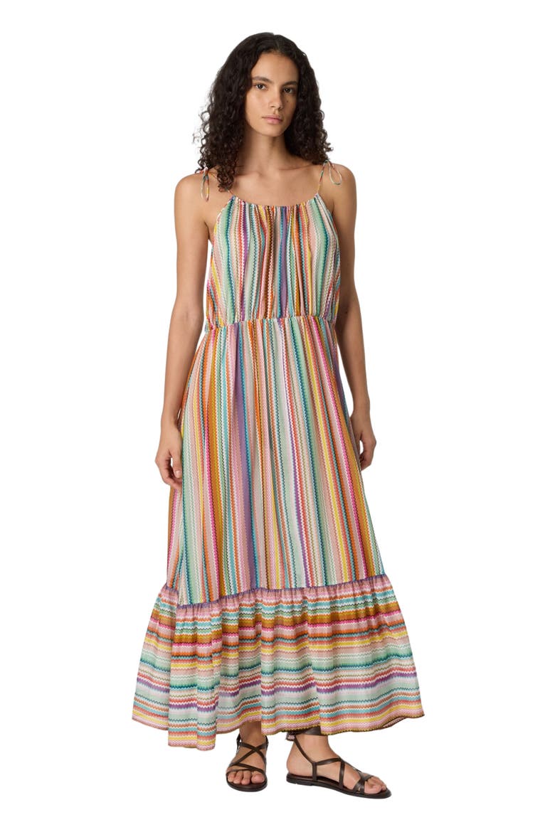 Long Flounced Cover-up In Cotton And Silk With Zigzag Pattern, Main, color, Multicoloured