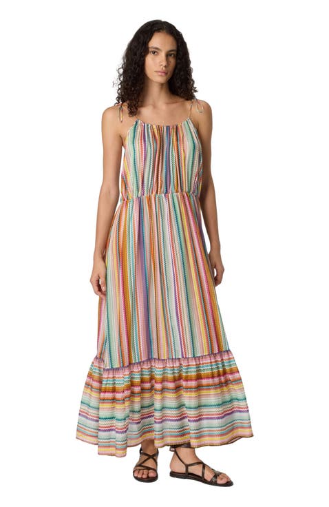 Long Flounced Cover-up In Cotton And Silk With Zigzag Pattern