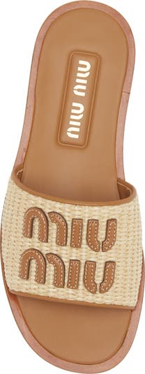 【関税無・国内発】 MIU MIU / Raffia-Effect Logo Slides Miu Miu Raffia-effect woven fabric slides | REVERSIBLE