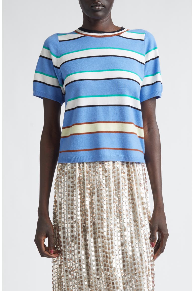 Benji Stripe Short Sleeve Wool Sweater, Main, color, HYACINTH