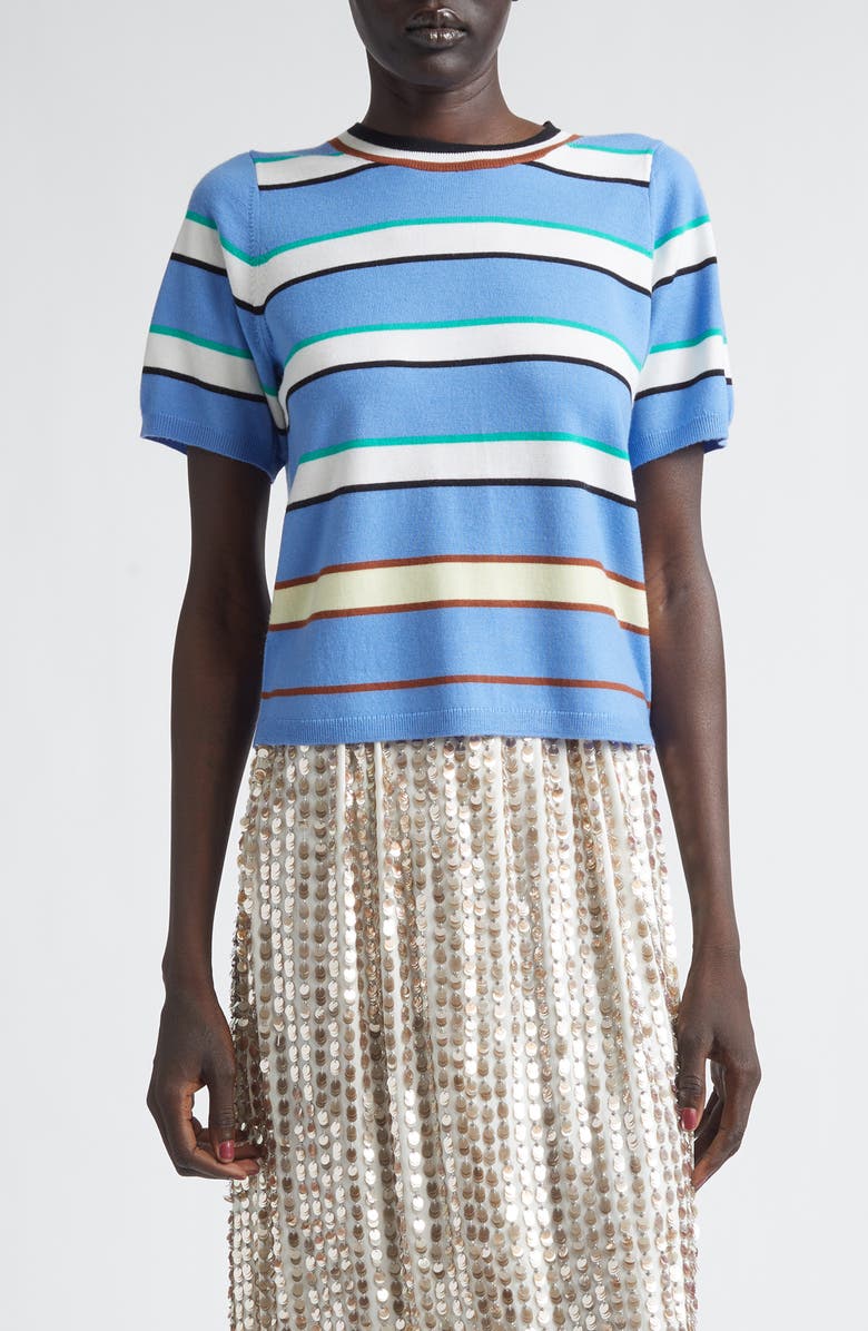 ZANKOV Benji Stripe Short Sleeve Wool Sweater, Main, color, Hyacinth