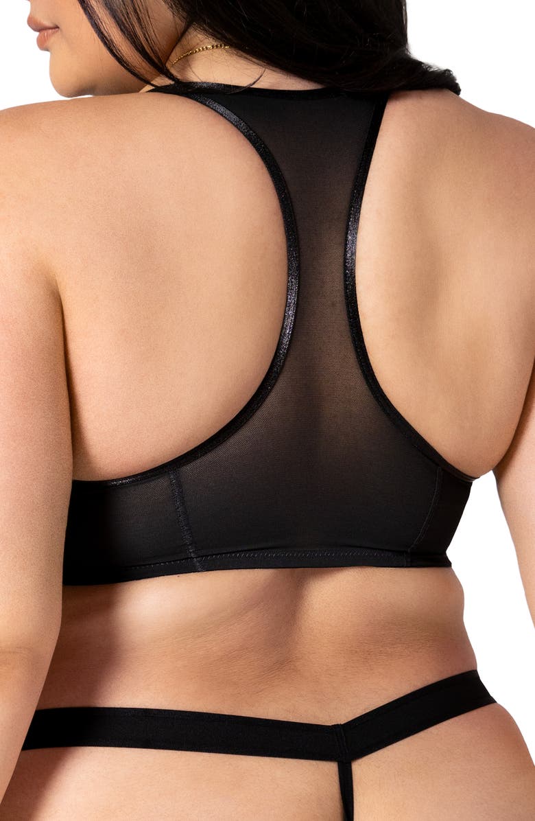 Curvy Couture Sheer Mesh Front Clasp Racerback Underwire Bra, Alternate, color, Black Hue