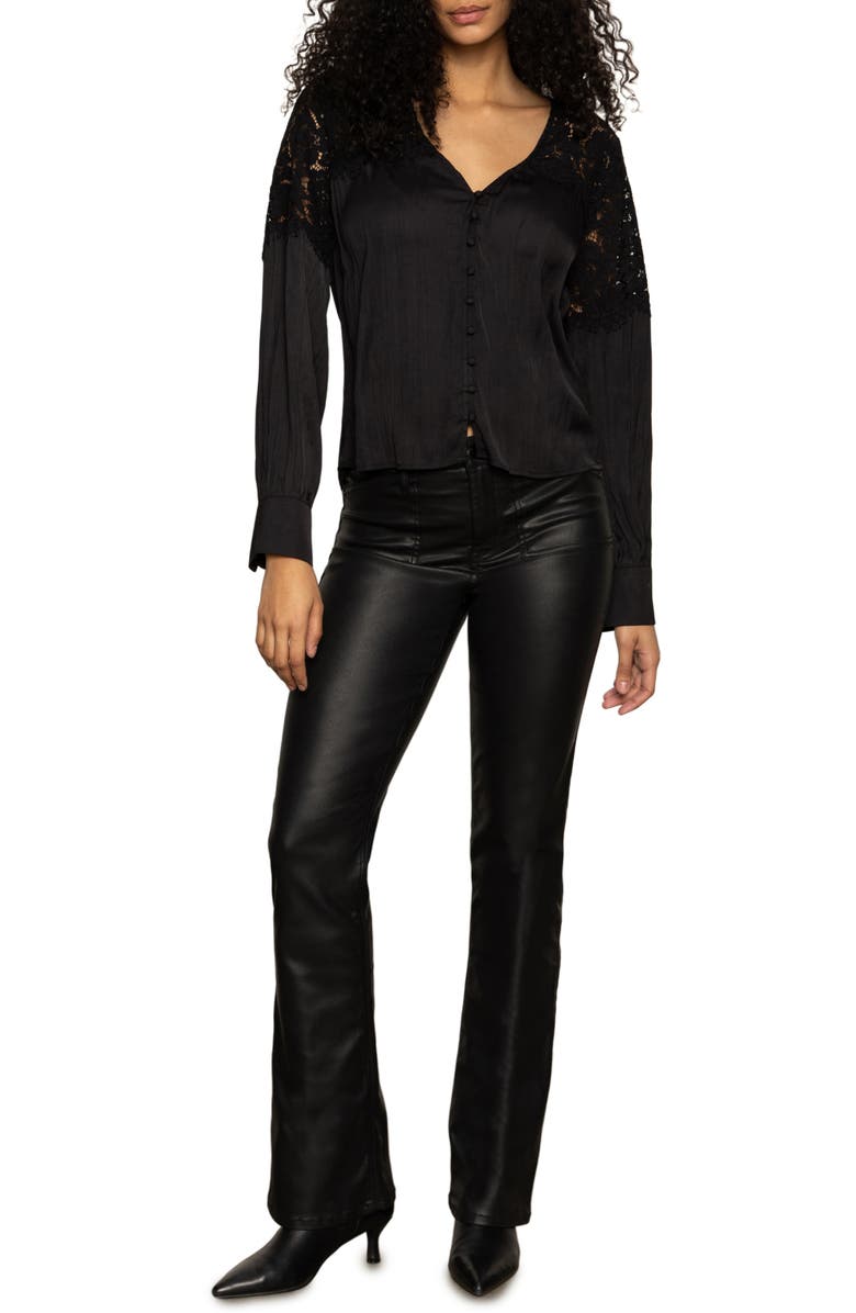 Sanctuary Falling Forward Lace Detail Crinkle Sateen Button-Up Shirt, Alternate, color, Black