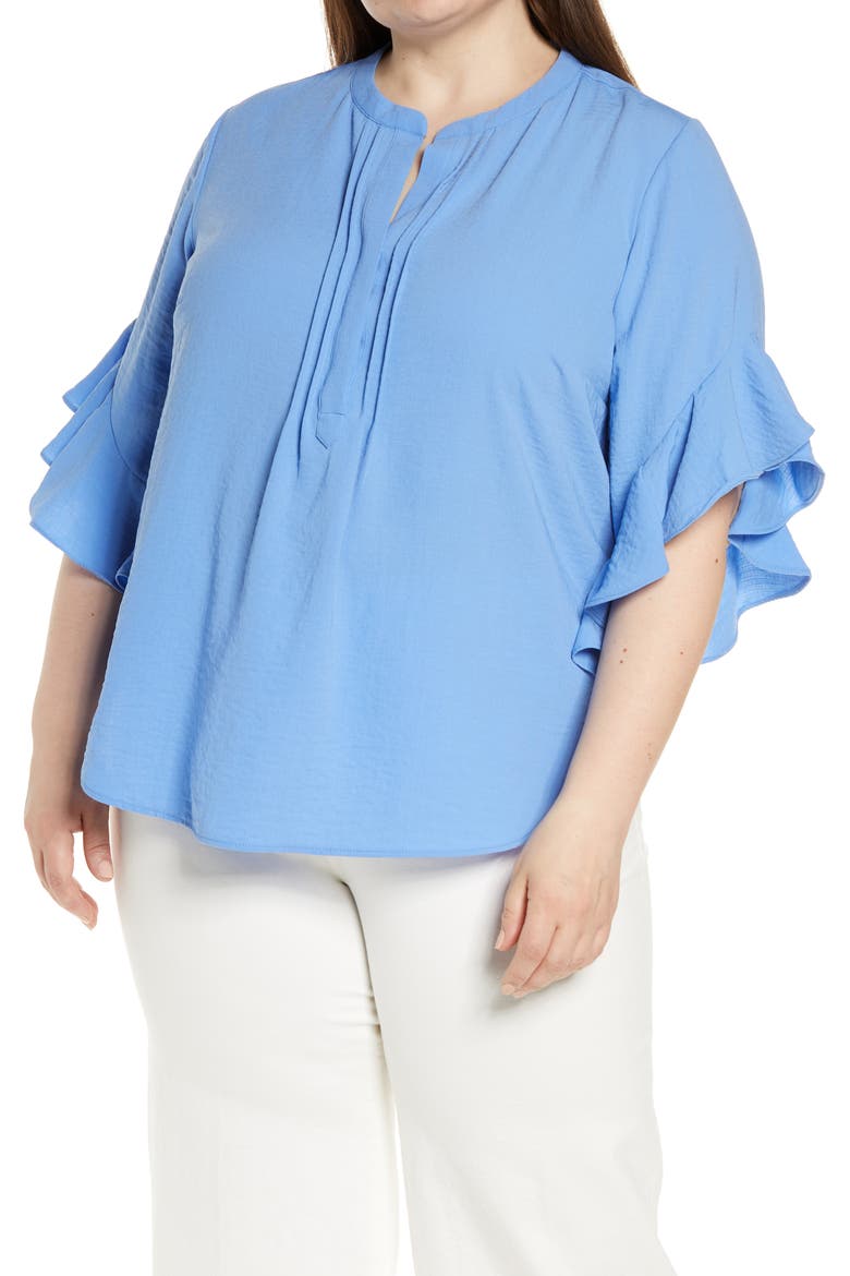Ruffle Sleeve Popover Top, Main, color, BLUE JAY