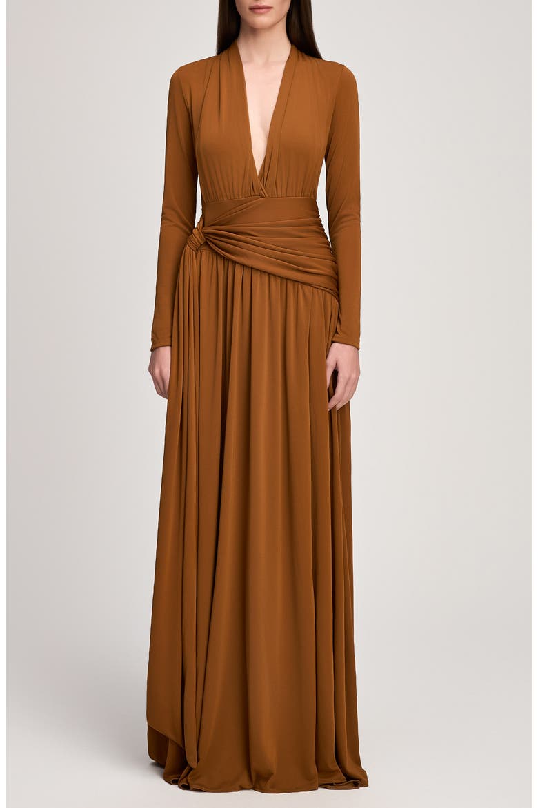 Zaviana Long Sleeve Matte Jersey Gown, Main, color, TOFFEE