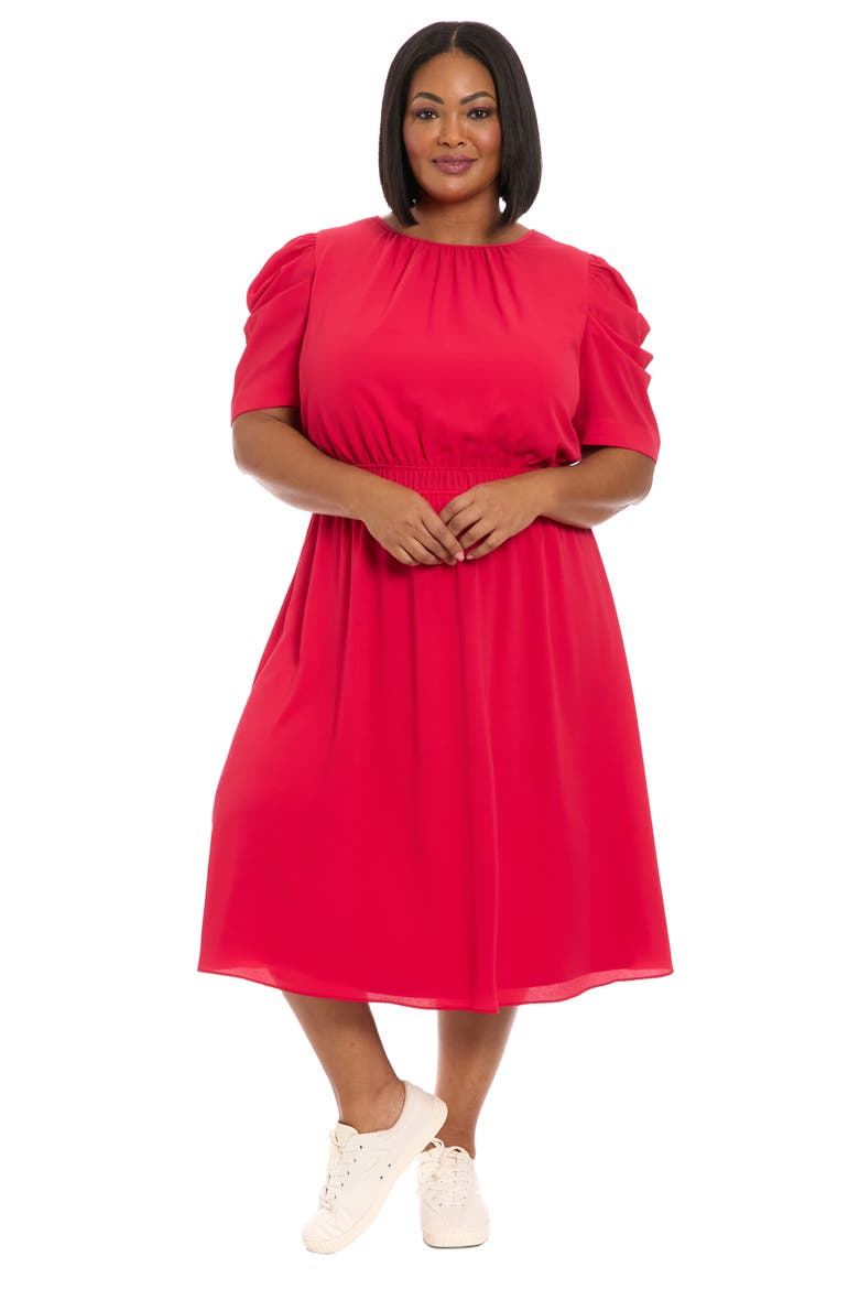 Shirred Crewneck Midi Dress, Alternate, color, ROSE RED