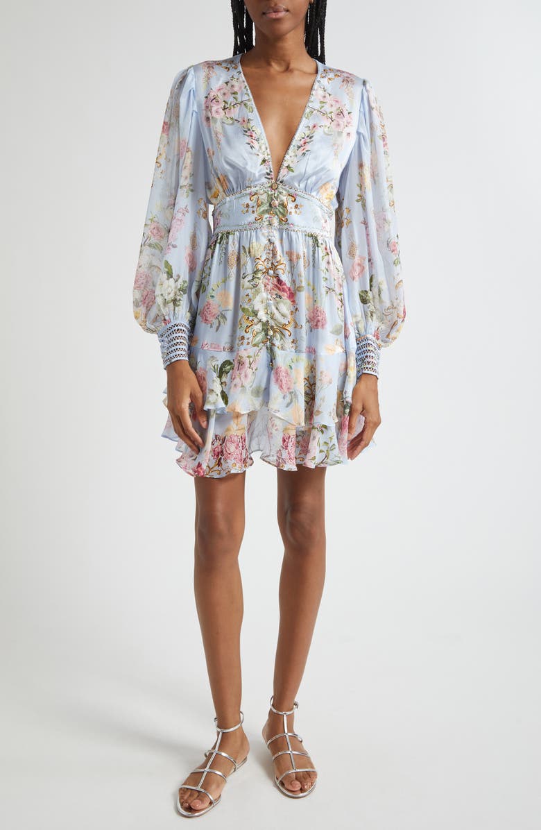 Camilla Tiled In Time Button Front Long Sleeve Silk Minidress, Main, color,