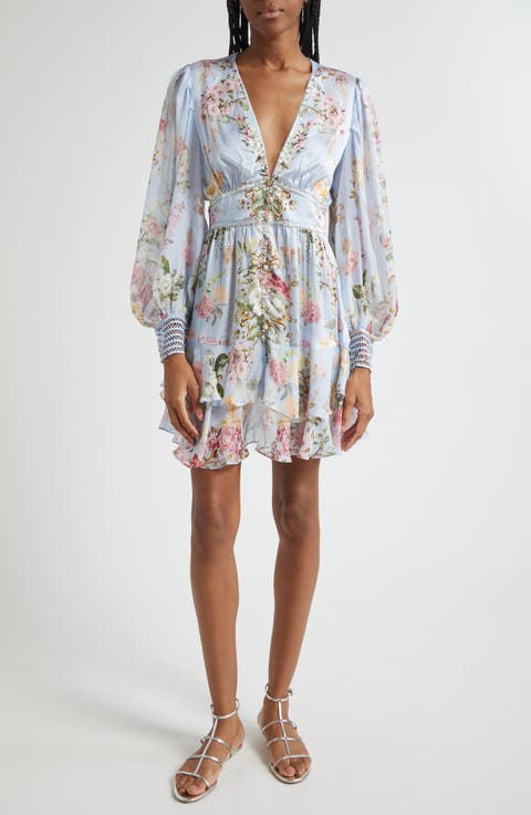 Tiled In Time Button Front Long Sleeve Silk Minidress