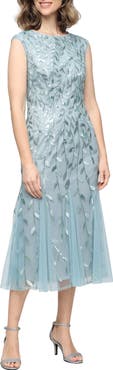 Alex Evenings Sequin Leaf Embroidery Cocktail Midi Dress