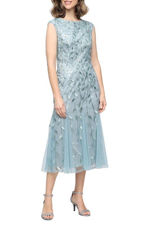 Alex Evenings Sequin Leaf Embroidery Cocktail Midi Dress In Green