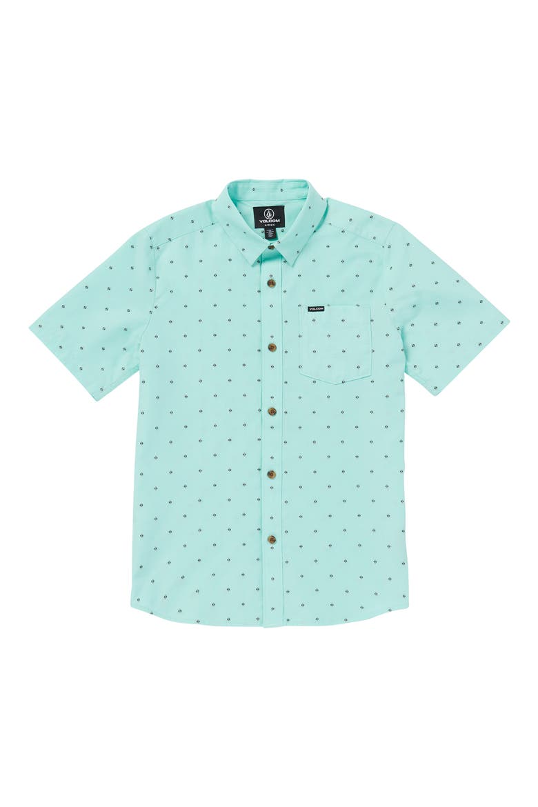 Kids' Geo Print Short Sleeve Button-Up Shirt, Main, color, CRETE BLUE